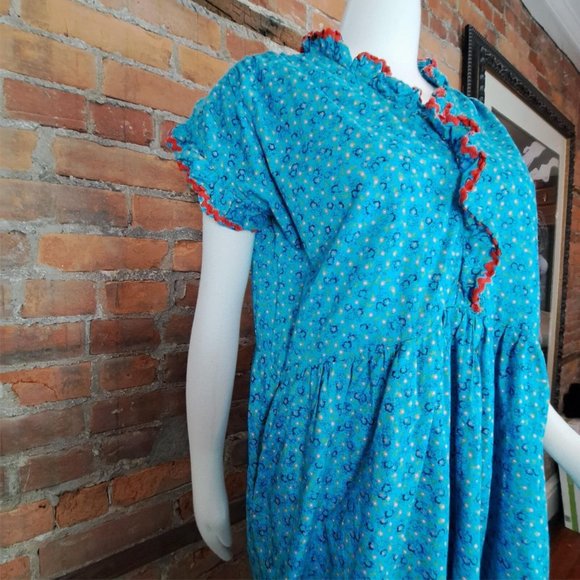 Hand Made Dress Aqua Floral Ruffle RickRack Trim Short Sleeves Cotton Size L - Picture 3 of 8
